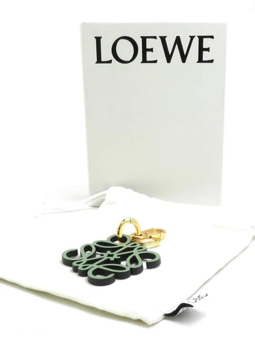 LOEWE Anagram Charm Key Ring Green/Gold Leather/Metal